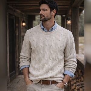 Wallin & Bros Mens XL Fisherman Cream 100% Lambswool Chunky Cable Knit Sweater